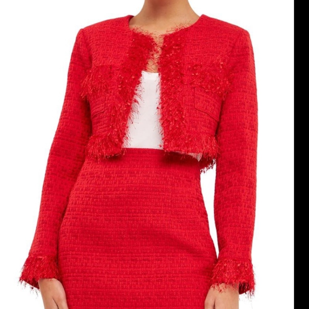 Endless Rose Red Tweed Jacket Crop Size Medium Blazer Trimmed Feather Cropped
